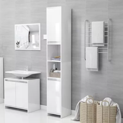 Set mobilier de baie, 3 piese, alb extralucios, PAL