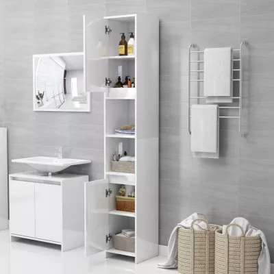 Set mobilier de baie, 3 piese, alb extralucios, PAL