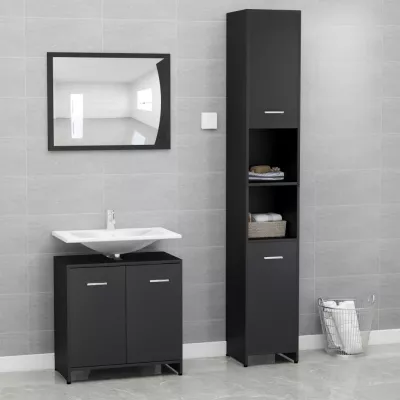 Set mobilier de baie, 3 piese, negru, PAL