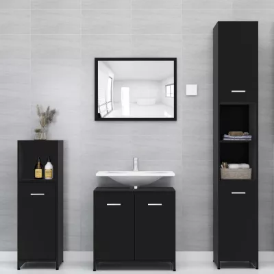Set mobilier de baie, 3 piese, negru, PAL