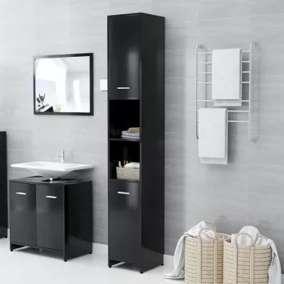 Set mobilier de baie, 3 piese, negru, PAL