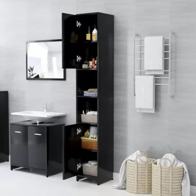 Set mobilier de baie, 3 piese, negru, PAL