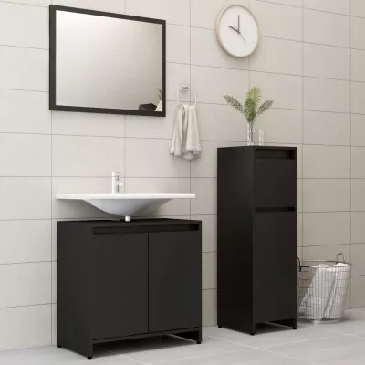 Set mobilier de baie, 3 piese, negru, PAL