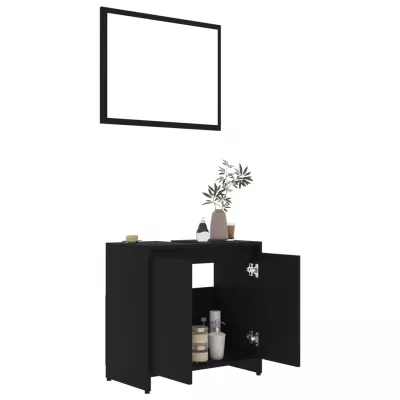 Set mobilier de baie, 3 piese, negru, PAL