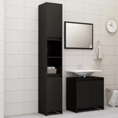 Set mobilier de baie, 3 piese, negru, PAL