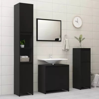Set mobilier de baie, 3 piese, negru, PAL