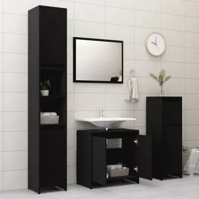 Set mobilier de baie, 3 piese, negru, PAL