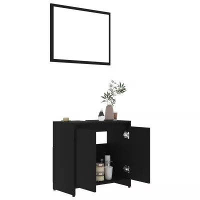 Set mobilier de baie, 3 piese, negru, PAL