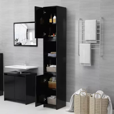Set mobilier de baie, 3 piese, negru, PAL