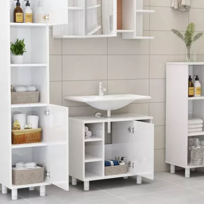 Set mobilier de baie, 4 piese, alb extralucios, PAL