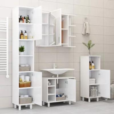 Set mobilier de baie, 4 piese, alb extralucios, PAL