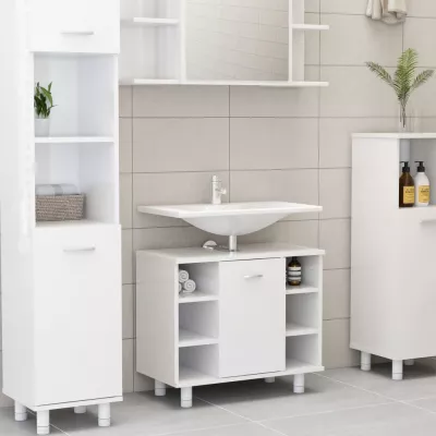 Set mobilier de baie, 4 piese, alb extralucios, PAL