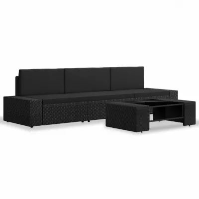 Set mobilier de grădină, 4 piese, negru, poliratan