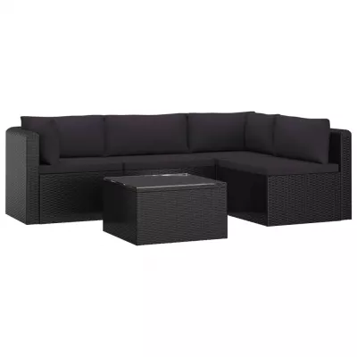 Set mobilier de grădină cu perne, 5 piese, negru, poliratan