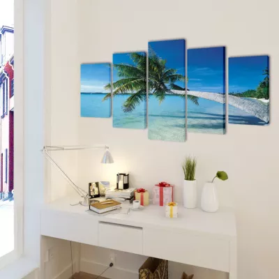 Set tablouri de perete cu imprimeu plajă nisip și palmier, 200x100cm
