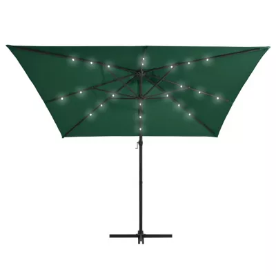 Umbrelă suspendată cu LED și stâlp din oțel, verde, 250x250 cm
