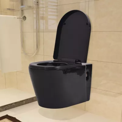 Vas toaletă suspendat cu rezervor incastrat, negru, ceramică