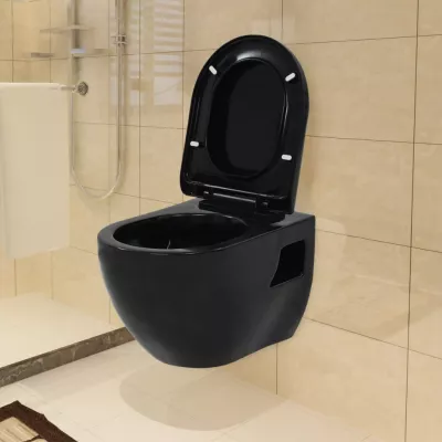 Vas toaletă suspendat cu rezervor incastrat, negru, ceramică