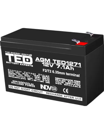 Acumulator 12V Stationar VRLA, Dimensiuni 151 x 65 x 95 mm, Baterie 12V 7.1Ah F2, TED Electric TED003225