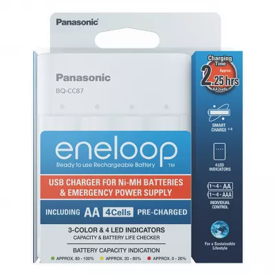 Incarcator Baterii Reincarcabile, Fara Acumulatori, SMART & QUICK cu USB si Functie de PowerBank, Eneloop BQ-CC87USB