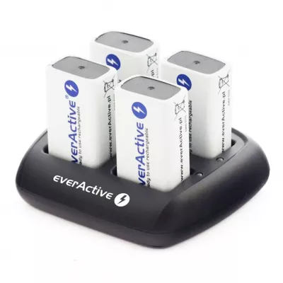 Incarcator Baterii Reincarcabile, Fara Acumulatori, cu 4 Canale de Incarcare Individuala Pentru Acumulatori 9V 6LR61 6LF22, EverActive NC-109