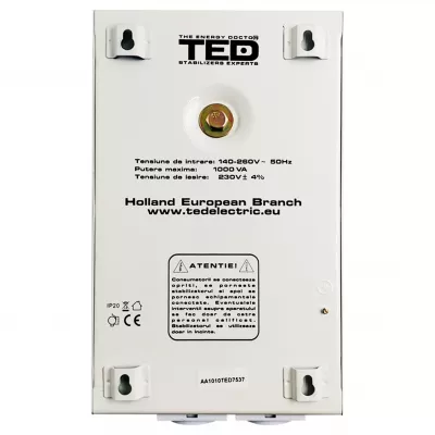 Stabilizator tensiune 600W 230V cu 2 iesiri Schuko si sinusoidala pura + ecran LCD si cleme prindere in perete, TED Electric TED000057