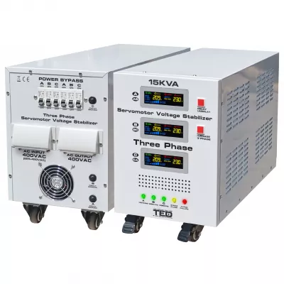Stabilizator trifazat 225V-450V 12KW cu ServoMotor si sinusoidala pura + ecran LCD cu valorile tensiunii, TED Electric TED000101