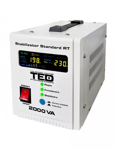 Stabilizator tensiune 1200W 230V cu 2 iesiri Schuko si sinusoidala pura + ecran LCD cu valorile tensiunii, TED Electric TED000125