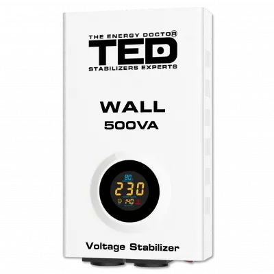 Stabilizator tensiune 300W 230V cu 2 iesiri Schuko si sinusoidala pura + ecran LCD si cleme prindere in perete, TED Electric TED002174