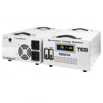 Stabilizator tensiune monofazat 3KW 3000W cu ServoMotor si 2 iesiri Schuko + ecran LCD cu valorile tensiunii, TED Electric TED000200