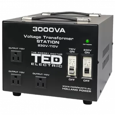 Transformator de tensiune, Convertor de la 220V la 110V si Reversibil 3000VA 2400W cu Carcasa si Regleta, TED Electric TED000248