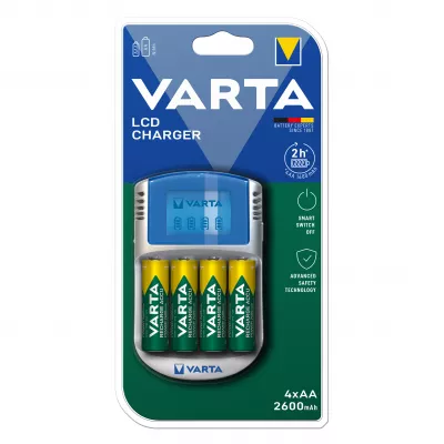 Incarcator Baterii Reincarcabile, Include 4x AA LR6 2600mAh, LCD CHARGER cu Alimentator AUTO si USB, Varta 57070 201 401