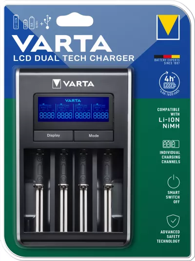 Incarcator Baterii Reincarcabile, Fara Acumulatori, LCD DUAL TECH cu 4 Canale de Incarcare Individuala Ni-Mh Li-Ion, Varta 57676 101 401