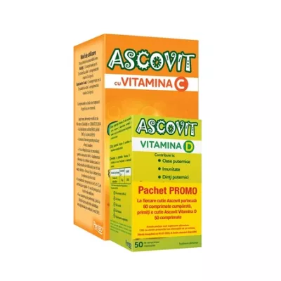 Ascovit Vitamina C cu aroma de portocala, 60 comprimate + Ascovit Vitamina D, 50 comprimate, Perrigo