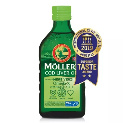 Omega 3 ulei ficat de cod cu aroma de mere verzi, 250ml, Moller's
