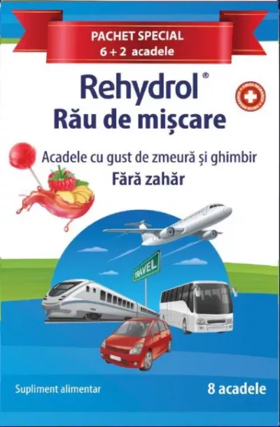 Acadele Rehydrol pentru rau de miscare cu aroma de zmeura, 8 bucati, MBA Pharma