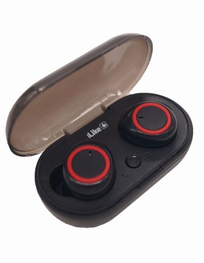 Casti audio in ear iLike IBE01, wireless, Bluetooth 5.0, IPX4, Extra Bass, toc de incarcare, negru/rosu