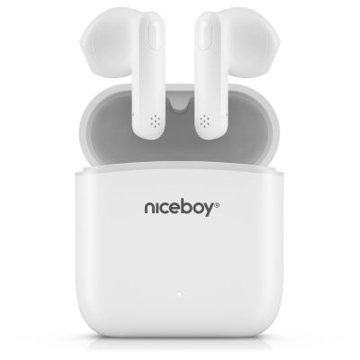 Casti audio in-ear Niceboy HIVE Beans, True Wireless, Bluetooth 5.0, Microfon, asistent vocal, control tactil, IPX4, autonomie de pana la 20 ore, alb