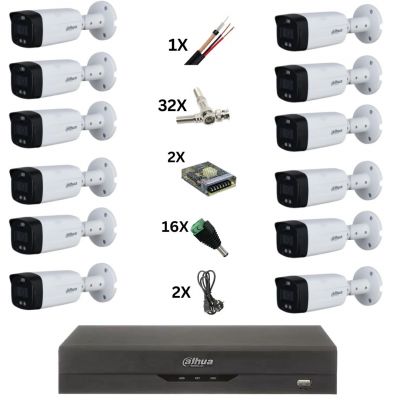 Sistem de supraveghere Dahua cu 16 camere ColorVu 8MP, Lumina color 40M, Lentila 3.6mm, Alarma stroboscopica, DVR de 16  canale 4k, accesorii