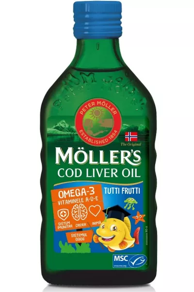  Moller’s Ulei din ficat de cod Omega-3 aromă de tutti frutti, 250 ml