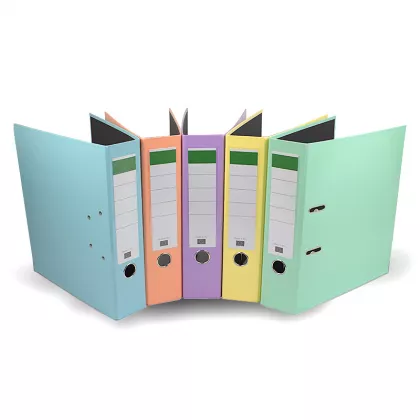 Biblioraft carton plastifiat, mecanism interior asamblat cu margine metalica,buzunar plastic A4 7.5cm - culori asortate