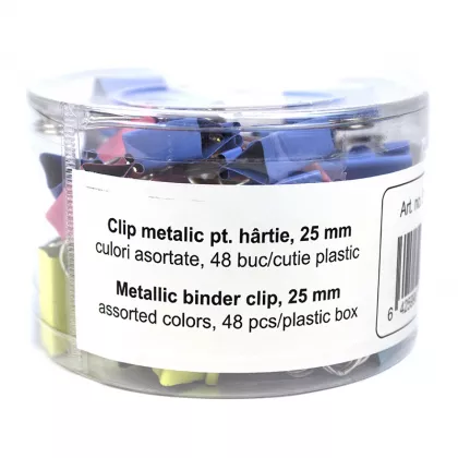 Clip hartie 25mm, 48 buc, culori asortate/cutie plastic
