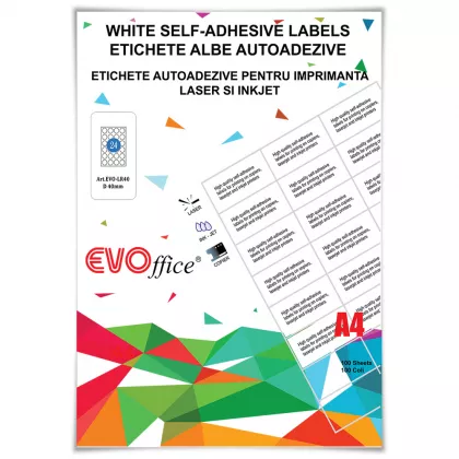 Etichete albe autoadezive diam. 40 mm pt imprimante A4 100 coli/top - rotunde 24/A4