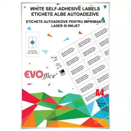 Etichete albe autoadezive pt imprimante 4/A4 - 105*148.5 mm 100coli/cut colturi drepte EVOffice