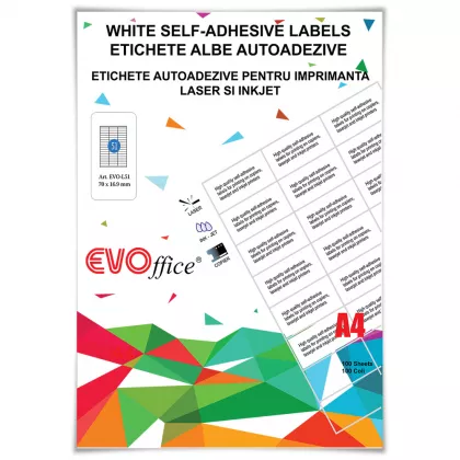 Etichete albe autoadezive pt imprimante 51/A4 - 70*16.9 mm 100coli/cut colturi drepte EVOffice