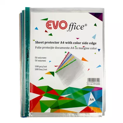 Folie protectie documente A4, cristal 50 micr, margine color, 100buc/set EVOffice