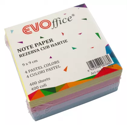 Rezerva cub 9*9 cm, hartie color 80 g, 400 file (4 culori pastel) EVOffice