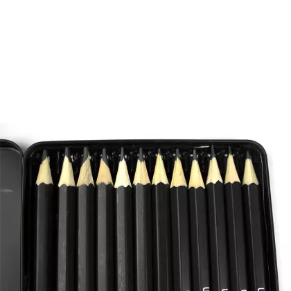 Set creioane grafit fara radiera diferite grame de duritatre 2H-8B, ascutite 12buc/cutie metal