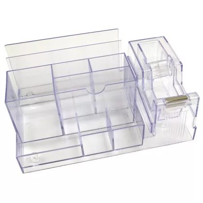 Suport plastic birou 9 compartimente si dispenser pentru banda adeziva , transparent EVOffice