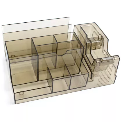 Suport plastic birou 9 compartimente si dispenser pentru banda adeziva , fumuriu EVOffice